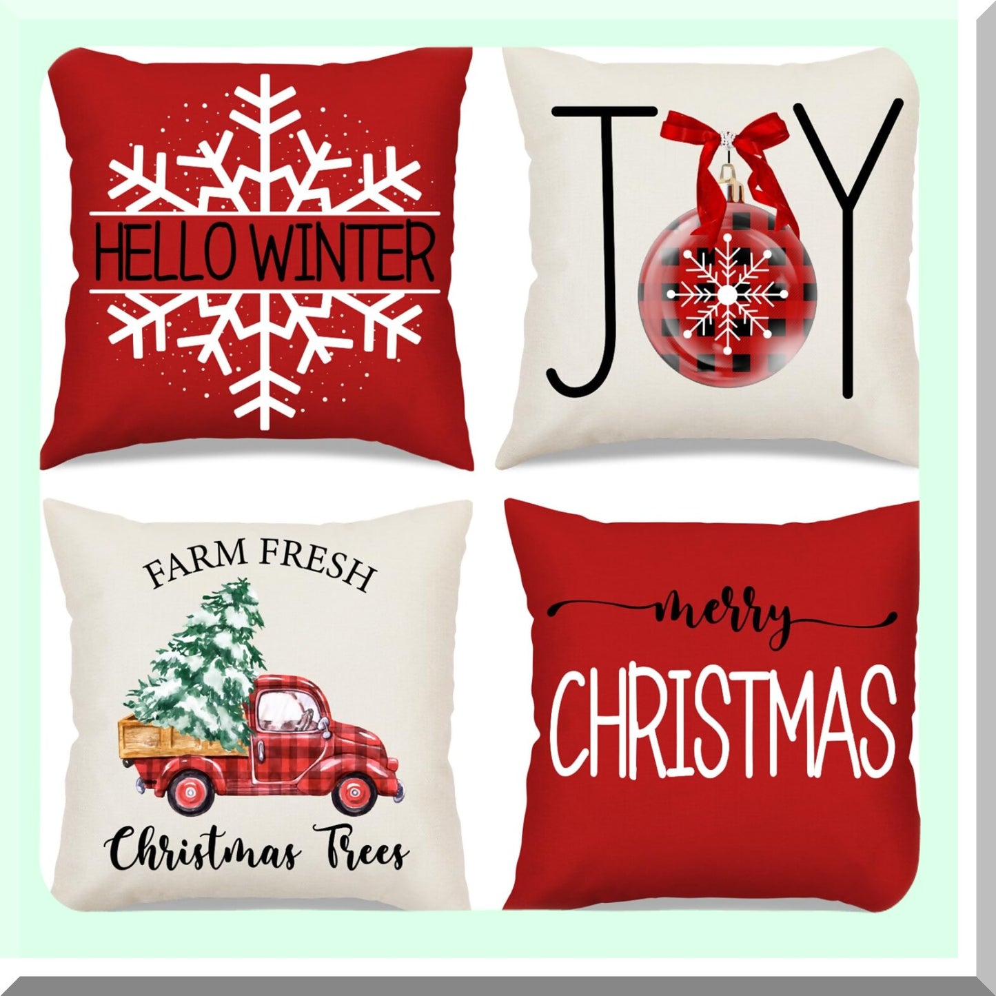 Winter Joy Farmhouse Pillow Covers - Set of 4 Red Throw Pillows 18x18 Decorations for Couch, Merry Tree Truck Snow Indoor Home Decor Holiday