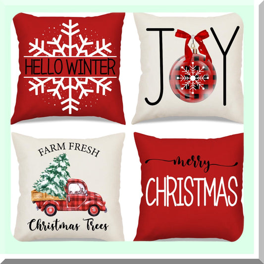 Winter Joy Farmhouse Pillow Covers - Set of 4 Red Throw Pillows 18x18 Decorations for Couch, Merry Tree Truck Snow Indoor Home Decor Holiday