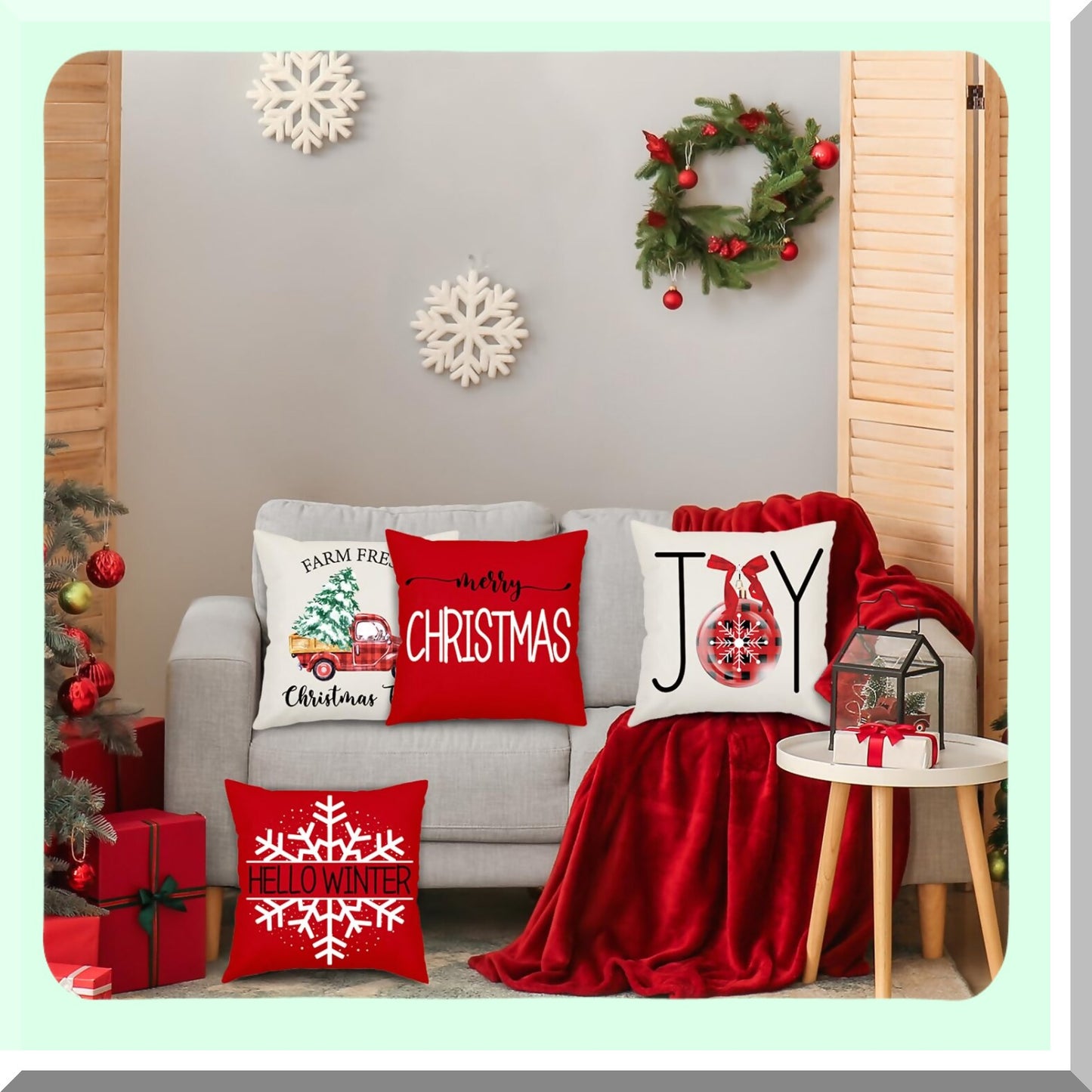 Winter Joy Farmhouse Pillow Covers - Set of 4 Red Throw Pillows 18x18 Decorations for Couch, Merry Tree Truck Snow Indoor Home Decor Holiday