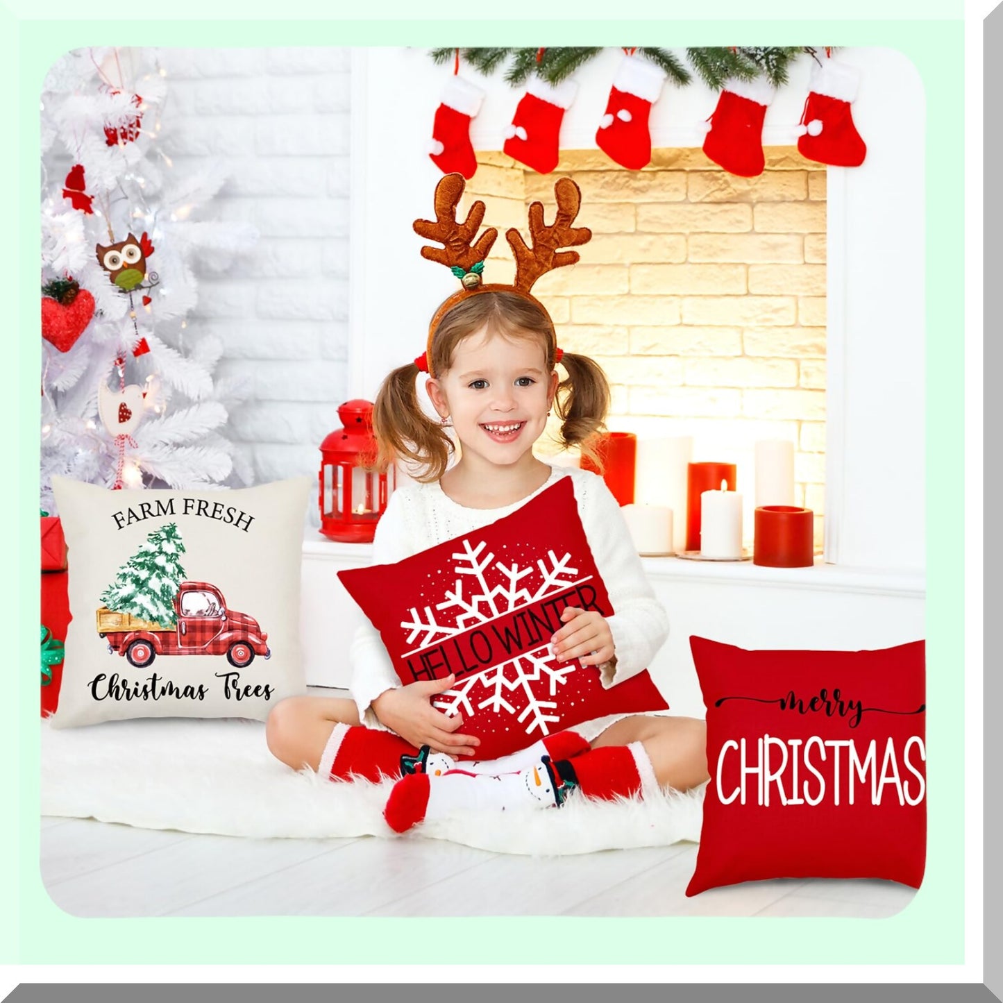 Winter Joy Farmhouse Pillow Covers - Set of 4 Red Throw Pillows 18x18 Decorations for Couch, Merry Tree Truck Snow Indoor Home Decor Holiday