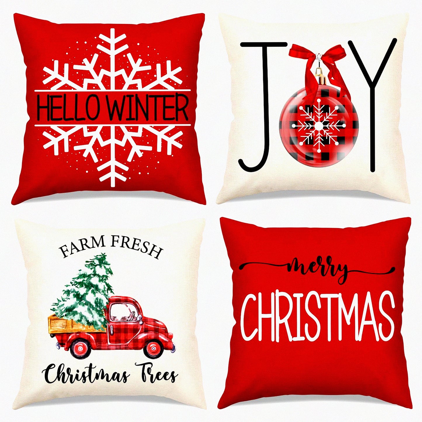 Winter Joy Farmhouse Pillow Covers - Set of 4 Red Throw Pillows 18x18 Decorations for Couch, Merry Tree Truck Snow Indoor Home Decor Holiday