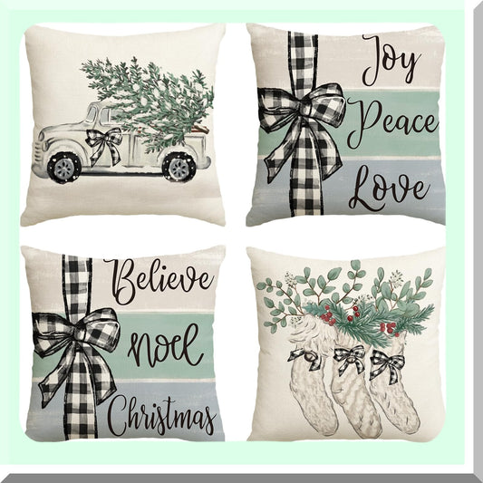 Winter Joy Eucalyptus Buffalo Plaid Throw Pillow Covers - Set of 4, 20x20 Inch Holiday Cushion Cases for Sofa Couch - Tree Truck Stocking Decoration