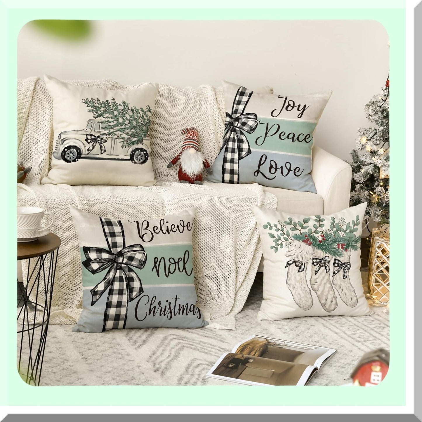 Winter Joy Eucalyptus Buffalo Plaid Throw Pillow Covers - Set of 4, 20x20 Inch Holiday Cushion Cases for Sofa Couch - Tree Truck Stocking Decoration