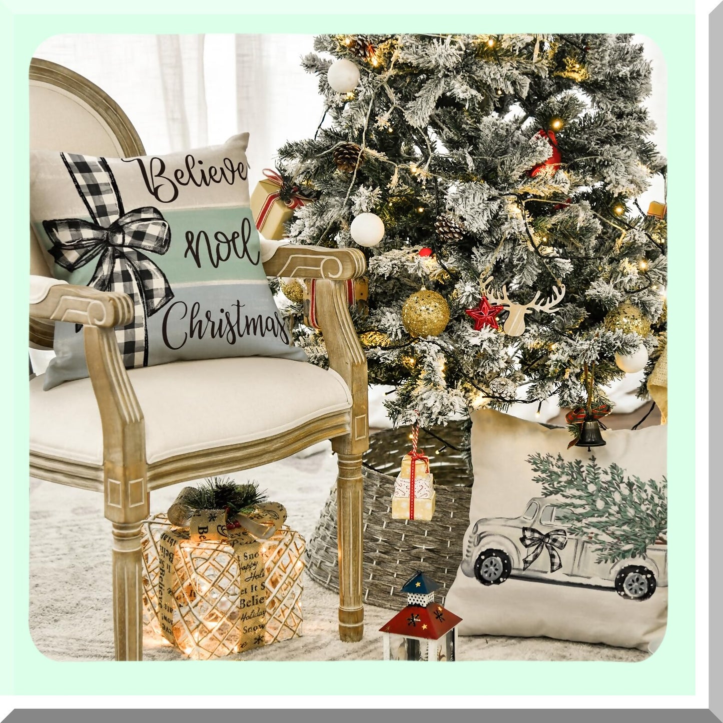 Winter Joy Eucalyptus Buffalo Plaid Throw Pillow Covers - Set of 4, 20x20 Inch Holiday Cushion Cases for Sofa Couch - Tree Truck Stocking Decoration