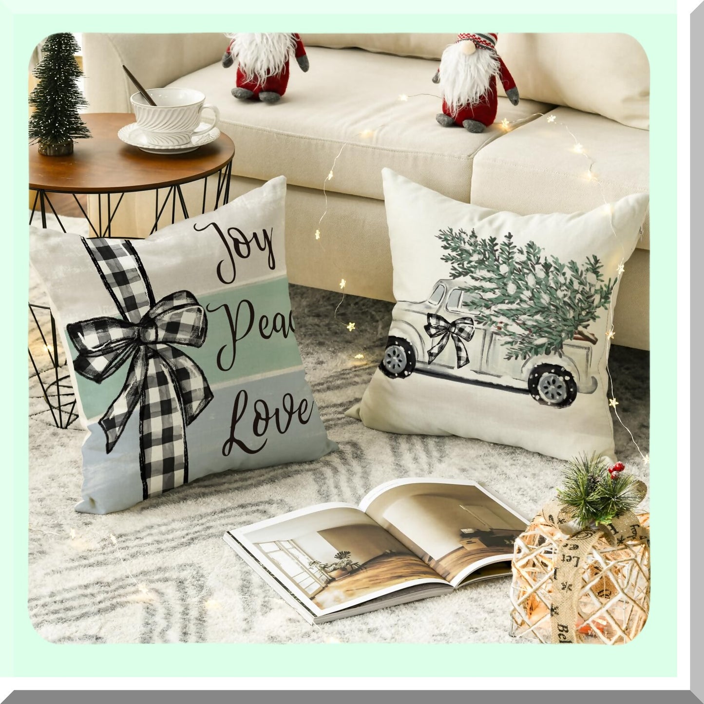 Winter Joy Eucalyptus Buffalo Plaid Throw Pillow Covers - Set of 4, 20x20 Inch Holiday Cushion Cases for Sofa Couch - Tree Truck Stocking Decoration