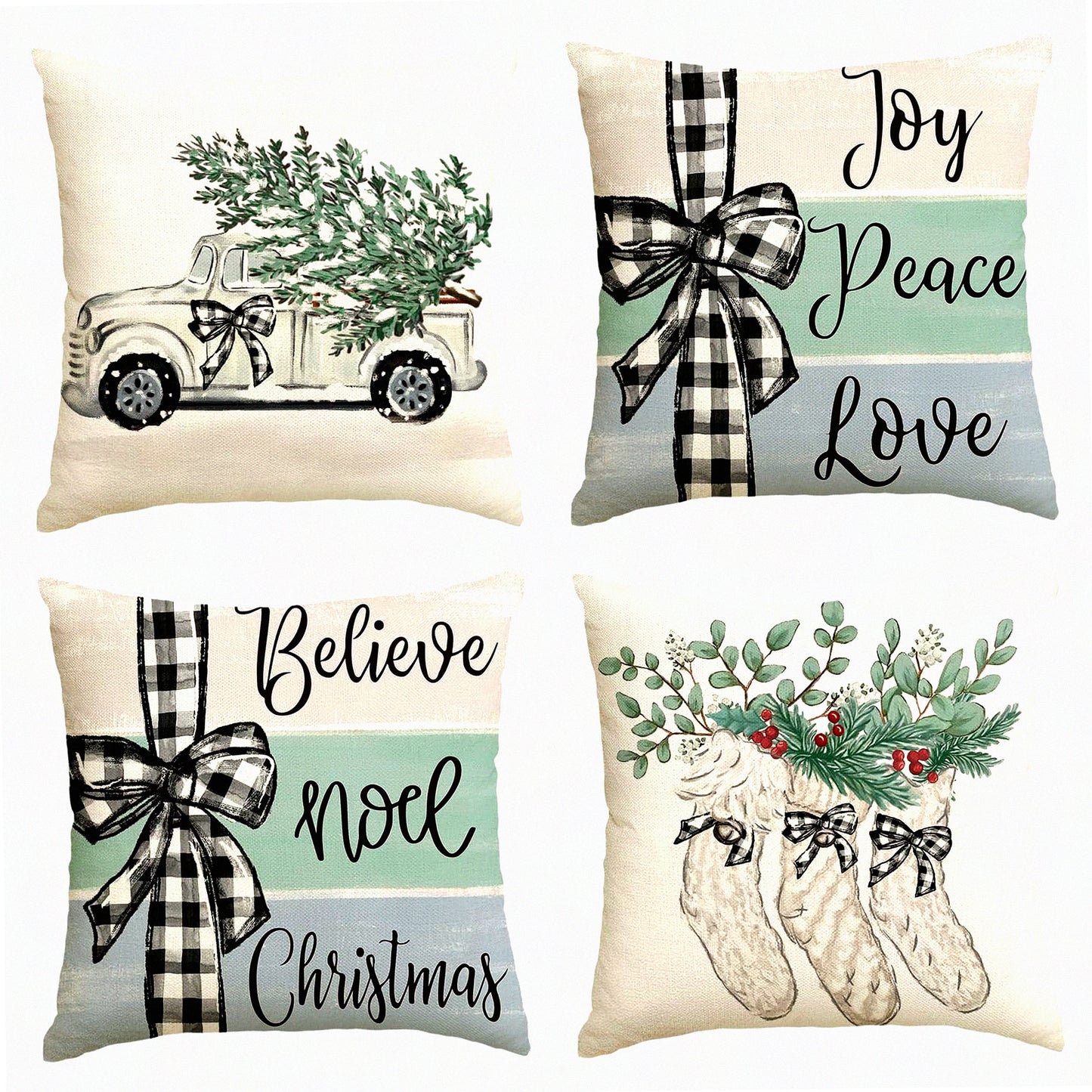 Winter Joy Eucalyptus Buffalo Plaid Throw Pillow Covers - Set of 4, 20x20 Inch Holiday Cushion Cases for Sofa Couch - Tree Truck Stocking Decoration