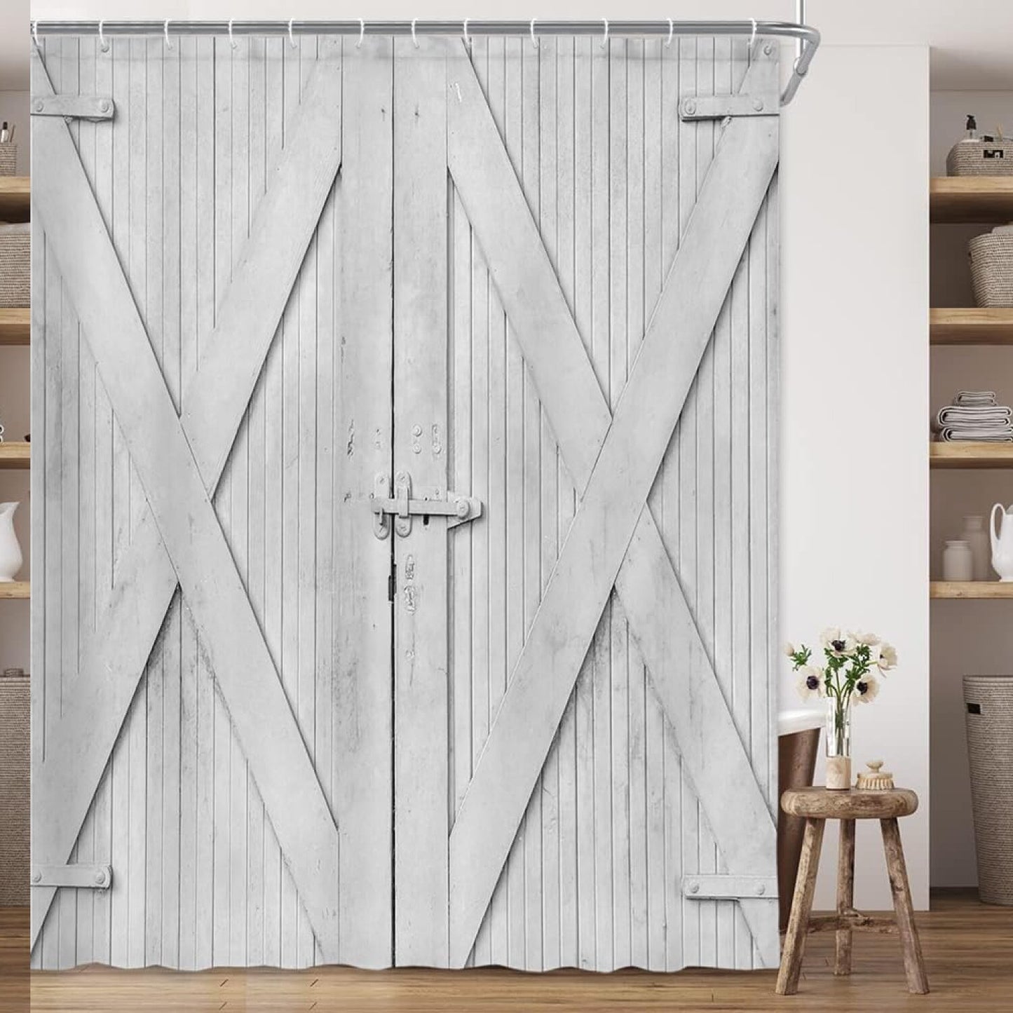 Rustic Barn Door Shower Curtain Set 69x70in White