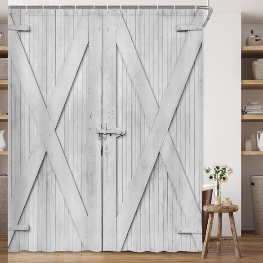 Rustic Barn Door Shower Curtain Set 69x70in White