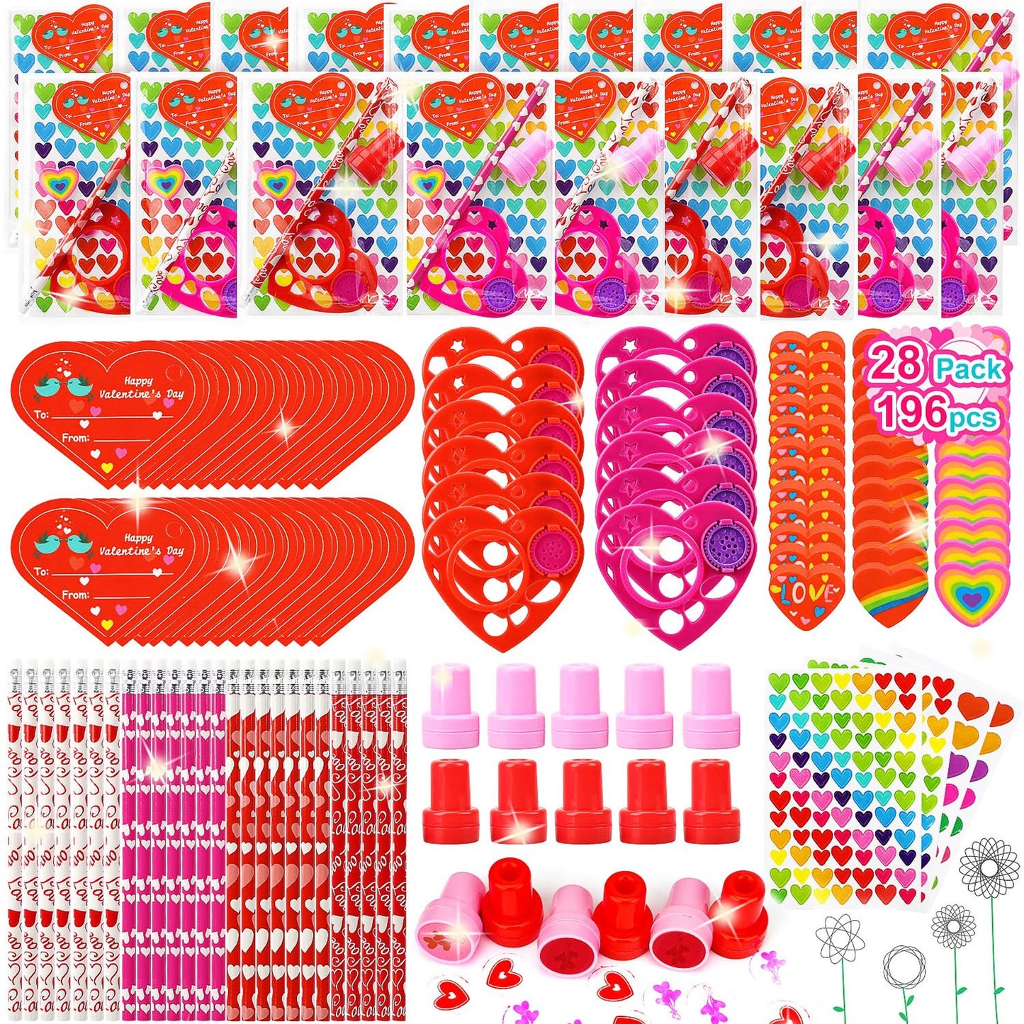 Valentine's Day Fun Pack: 196-Piece Classroom Exchange Goodie Bags with Pre-filled Pencils, Treats, and Party Favors for Kids - From Teacher to Students