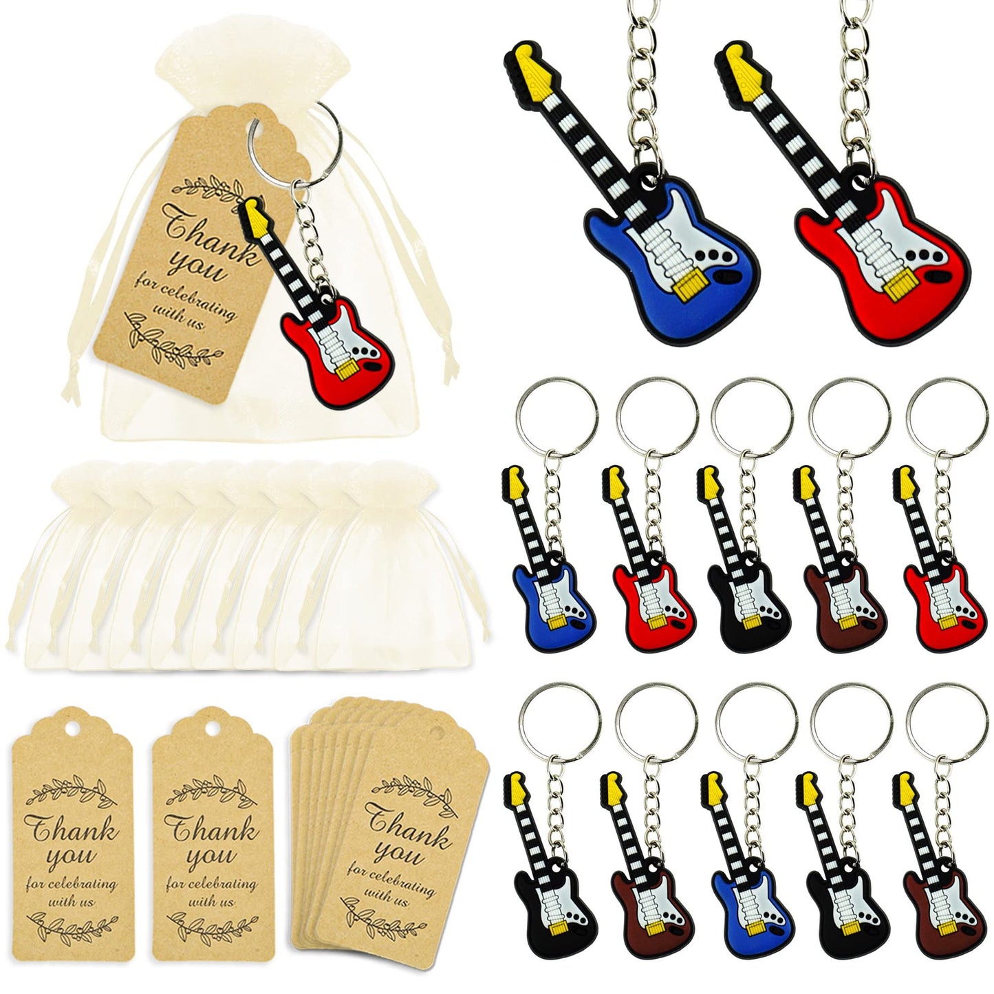 Rockin' Guitar Keychain Party Pack - 12 Sets with Organza Bags & Thank You Tags. Perfect for 80s 90s, Rock & Roll, Karaoke, Music, Baby Shower Themes!