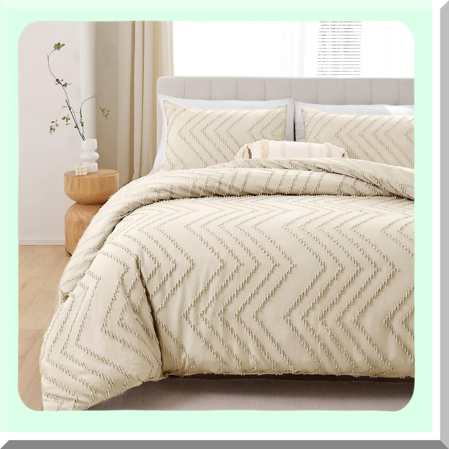Boho Chevron Tufted Queen Comforter Set - Farmhouse Neutral Bedding - Lightweight Cream 3Pcs Set - Beige Queen Size - 1 Comforter, 2 Pillowcases