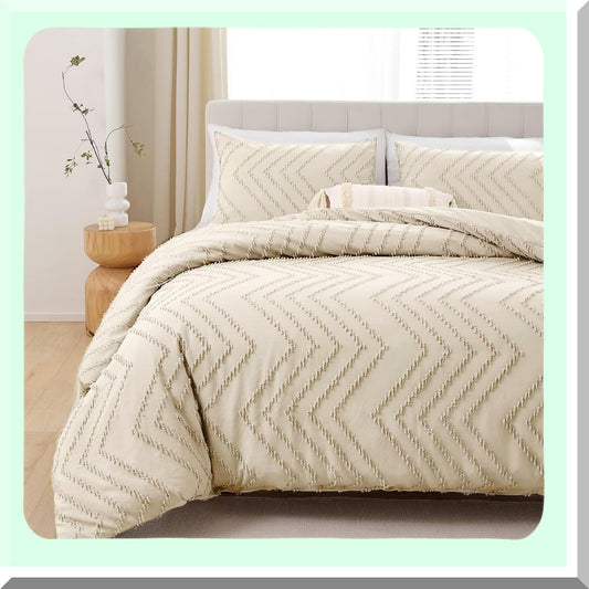 Boho Chevron Tufted Queen Comforter Set - Farmhouse Neutral Bedding - Lightweight Cream 3Pcs Set - Beige Queen Size - 1 Comforter, 2 Pillowcases