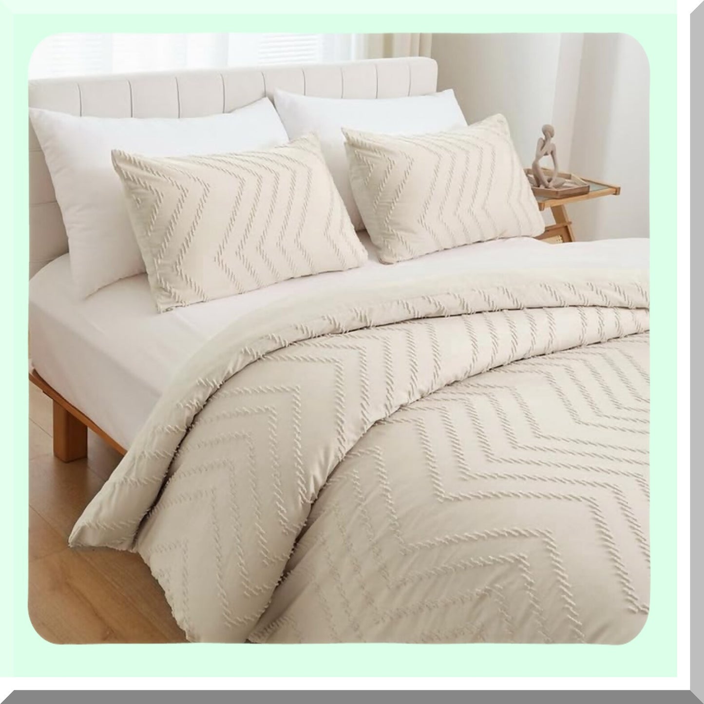 Boho Chevron Tufted Queen Comforter Set - Farmhouse Neutral Bedding - Lightweight Cream 3Pcs Set - Beige Queen Size - 1 Comforter, 2 Pillowcases