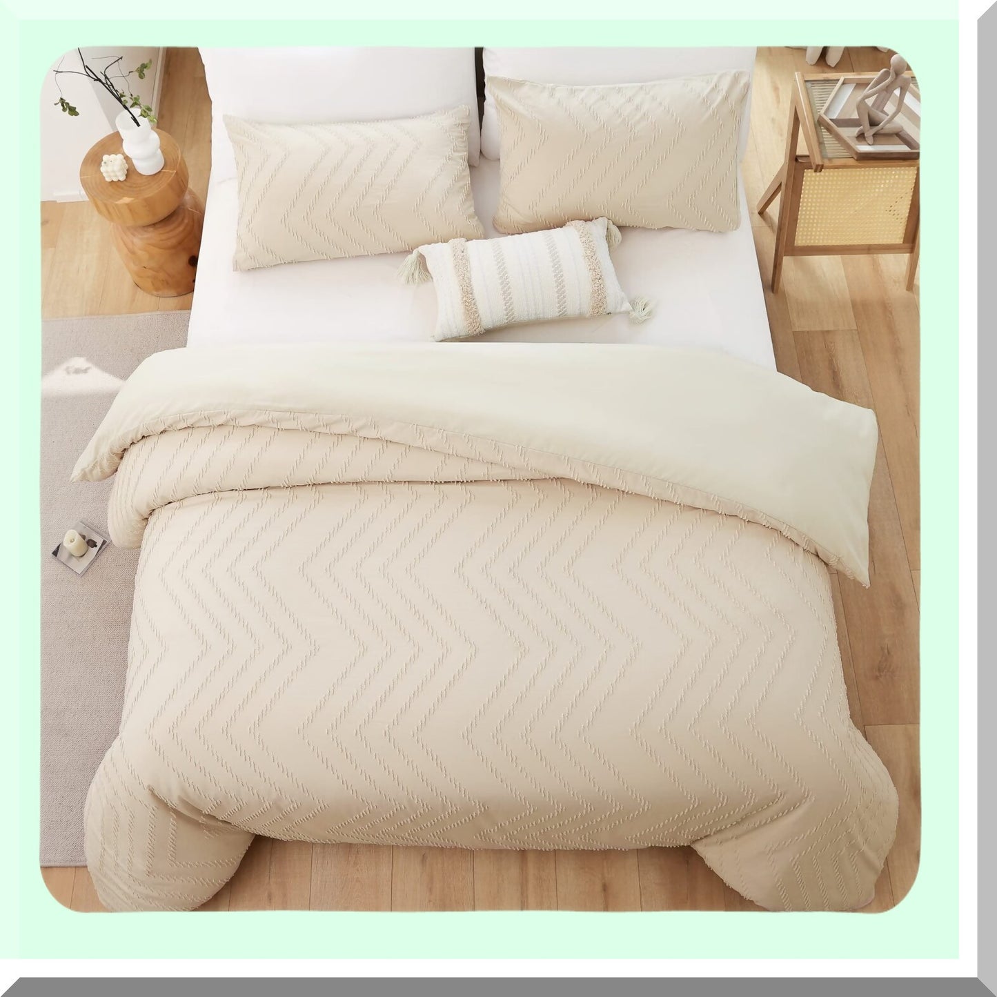 Boho Chevron Tufted Queen Comforter Set - Farmhouse Neutral Bedding - Lightweight Cream 3Pcs Set - Beige Queen Size - 1 Comforter, 2 Pillowcases