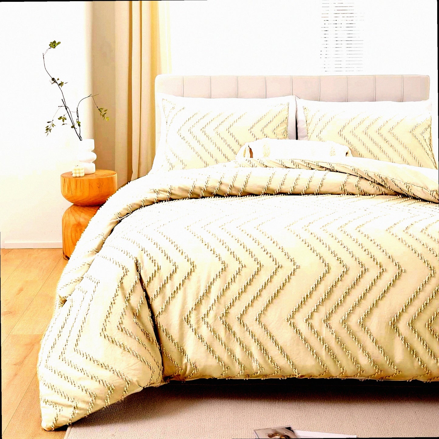 Boho Chevron Tufted Queen Comforter Set - Farmhouse Neutral Bedding - Lightweight Cream 3Pcs Set - Beige Queen Size - 1 Comforter, 2 Pillowcases
