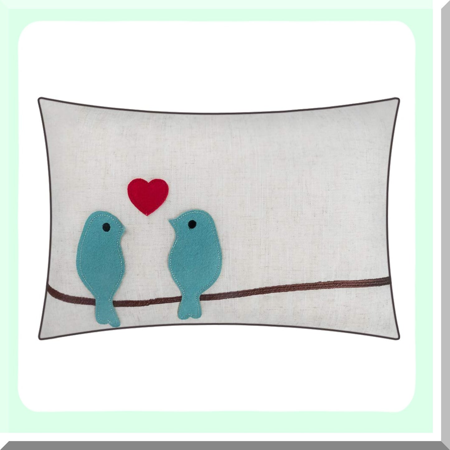 Heartfelt Love Birds Embroidered Pillow Covers - Valentines Day Decorative Accent Cases for Girls - Couch Bed Living Room Decor - 12x18 Inch Beige Teal Blue
