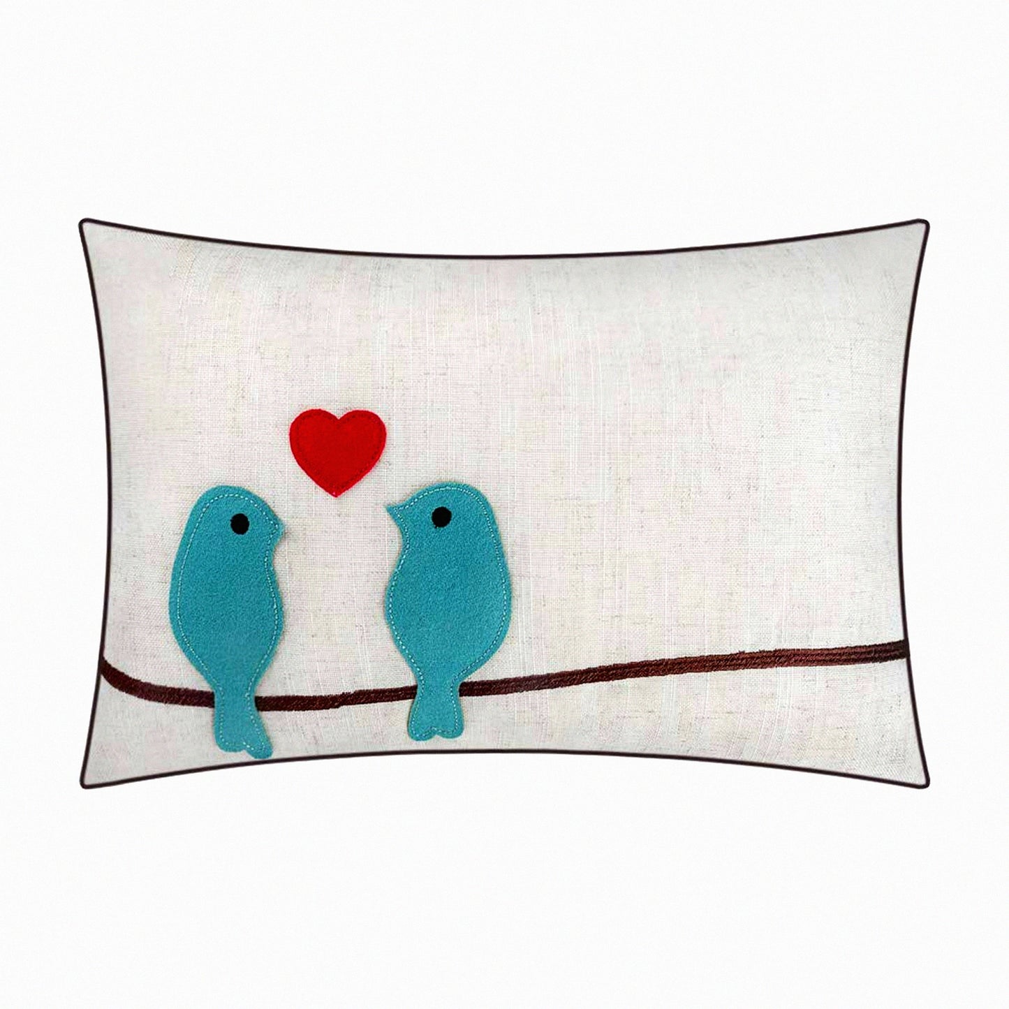 Heartfelt Love Birds Embroidered Pillow Covers - Valentines Day Decorative Accent Cases for Girls - Couch Bed Living Room Decor - 12x18 Inch Beige Teal Blue
