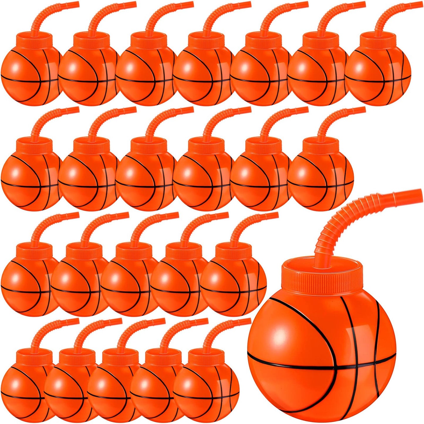 Basketball Ball Cup Set - 24 Pack Reusable Plastic Cups with Straws & Lids - 10 oz Sports Theme Party Favors for Kids Birthday Celebrations