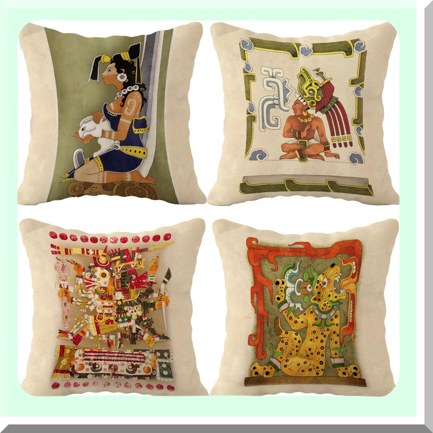 Mayan Gods Decorative Pillow Set - 18x18 Inch Throw Pillow Covers (Set of 4) for Sofa, Couch, Bed - Mayan Art Jaguar Design - Ancient Civilization Lover Gift