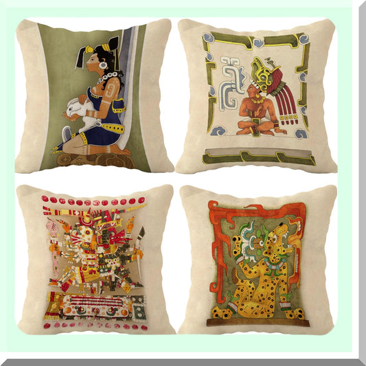 Mayan Gods Decorative Pillow Set - 18x18 Inch Throw Pillow Covers (Set of 4) for Sofa, Couch, Bed - Mayan Art Jaguar Design - Ancient Civilization Lover Gift