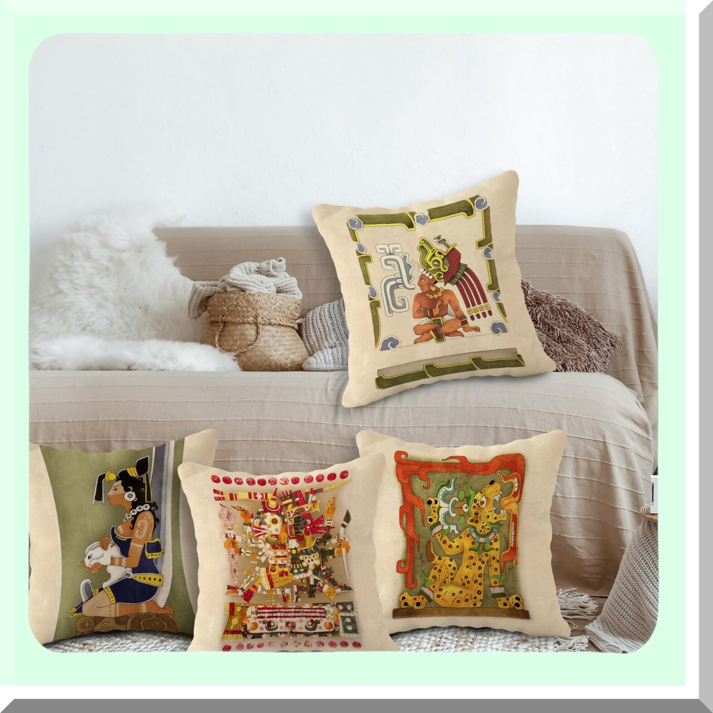Mayan Gods Decorative Pillow Set - 18x18 Inch Throw Pillow Covers (Set of 4) for Sofa, Couch, Bed - Mayan Art Jaguar Design - Ancient Civilization Lover Gift