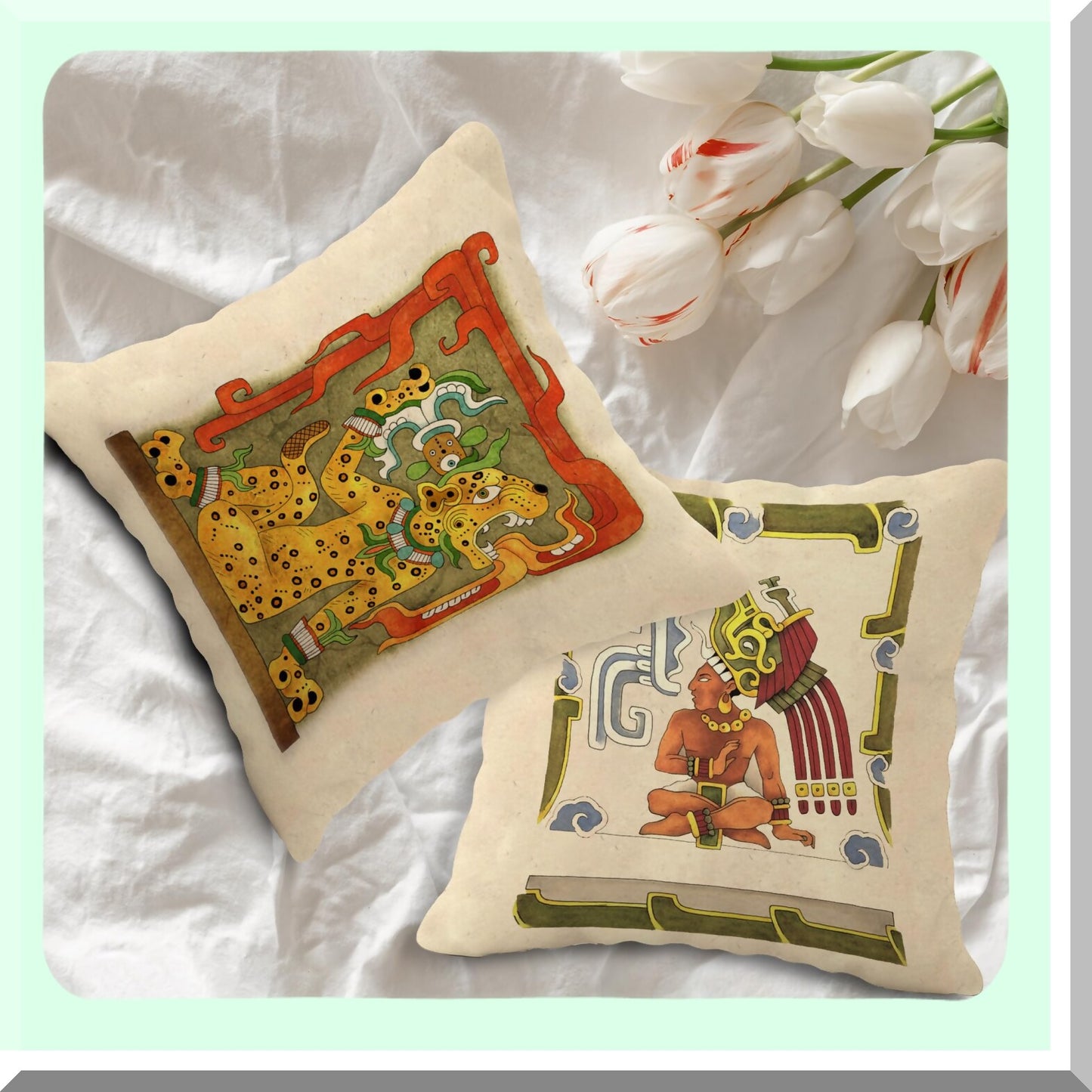Mayan Gods Decorative Pillow Set - 18x18 Inch Throw Pillow Covers (Set of 4) for Sofa, Couch, Bed - Mayan Art Jaguar Design - Ancient Civilization Lover Gift