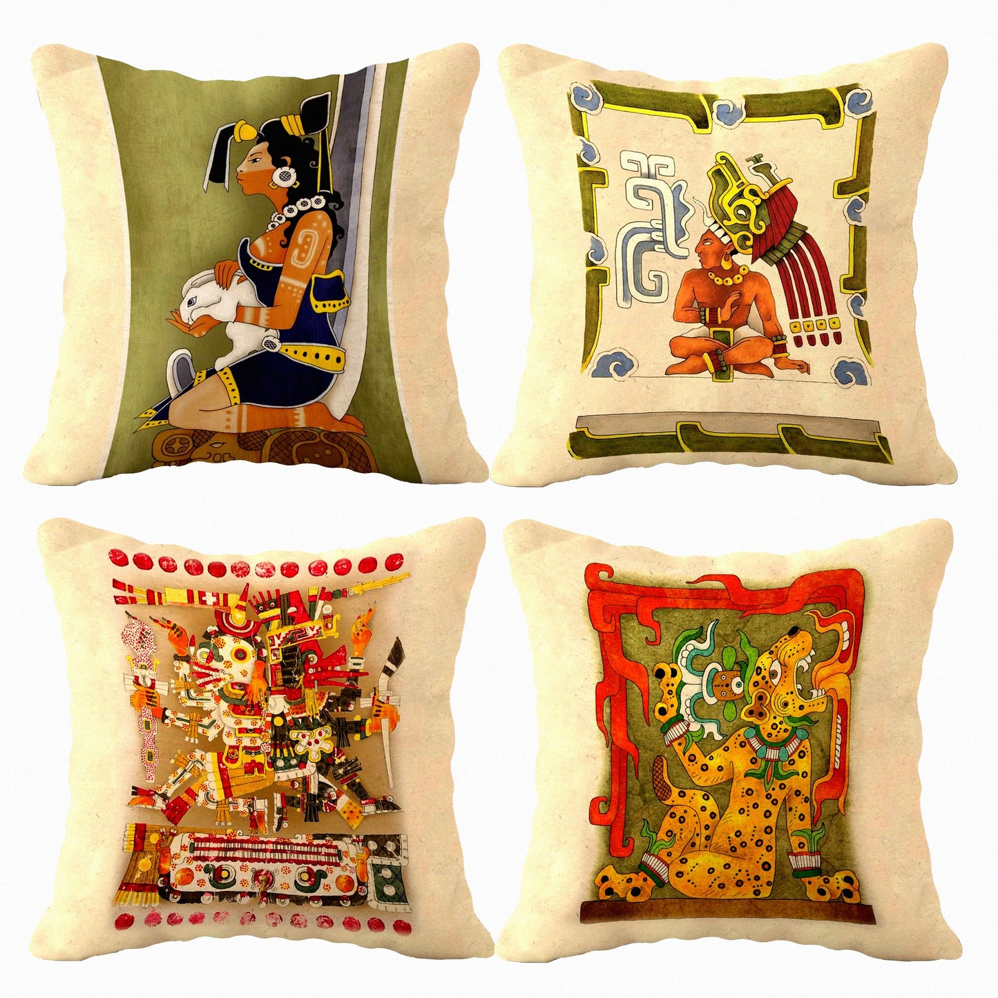 Mayan Gods Decorative Pillow Set - 18x18 Inch Throw Pillow Covers (Set of 4) for Sofa, Couch, Bed - Mayan Art Jaguar Design - Ancient Civilization Lover Gift