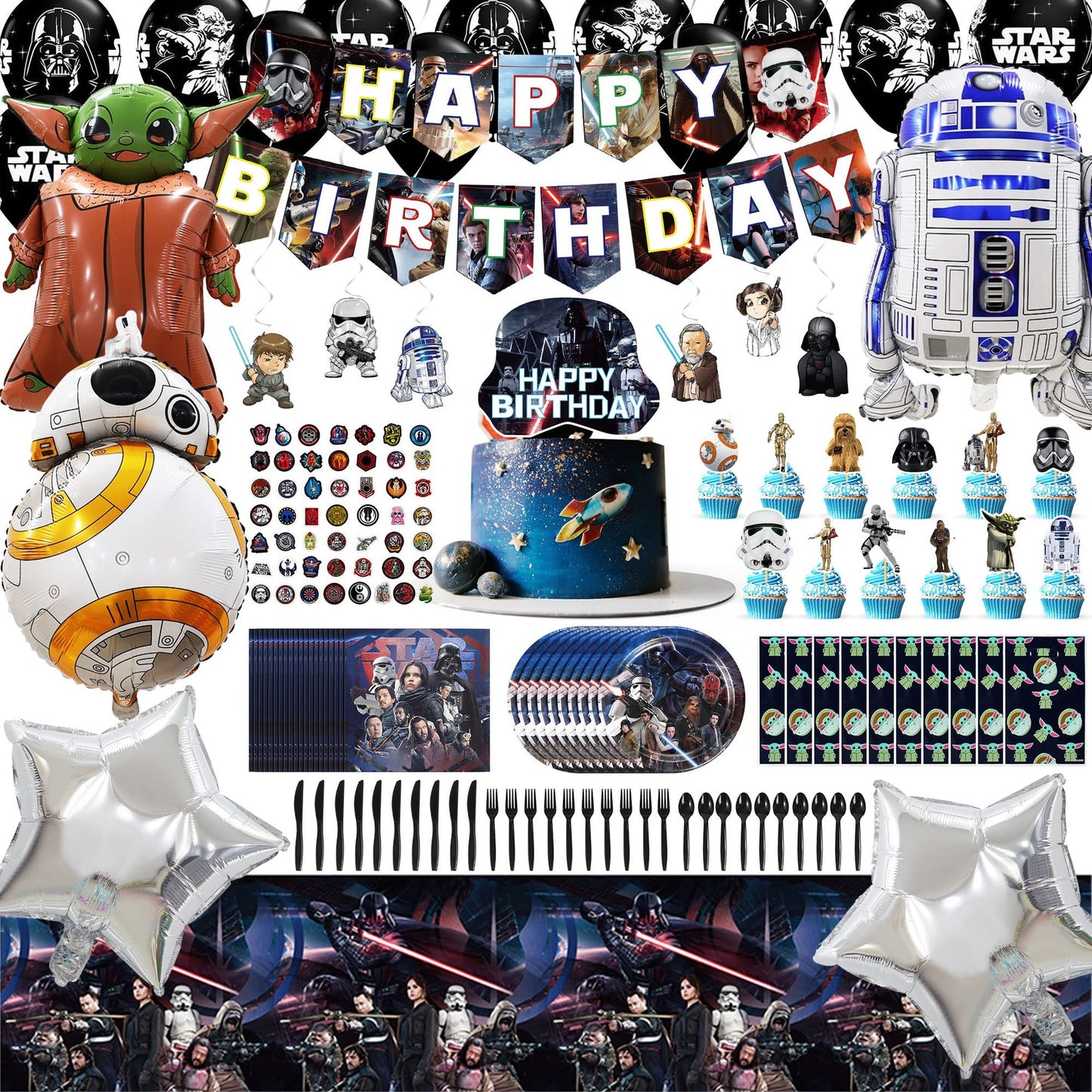 Galactic Starburst Party Pack - Complete set of 158pcs birthday decorations for kids, featuring banners, hanging swirls, tableware, tablecloth, gift bags, stickers, cake topper, and aluminum film balloons for an epic Wars Movie Party!