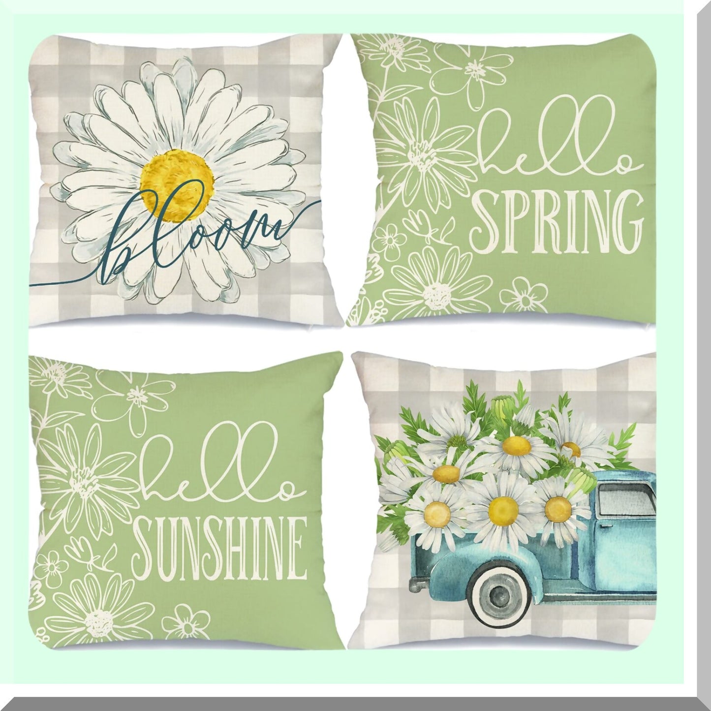 Spring Blooms Buffalo Plaid Pillow Covers Set - 18x18 Decorative Throw Pillows for Couch Sofa, Hello Sunshine Farmhouse Decor in Light Green
