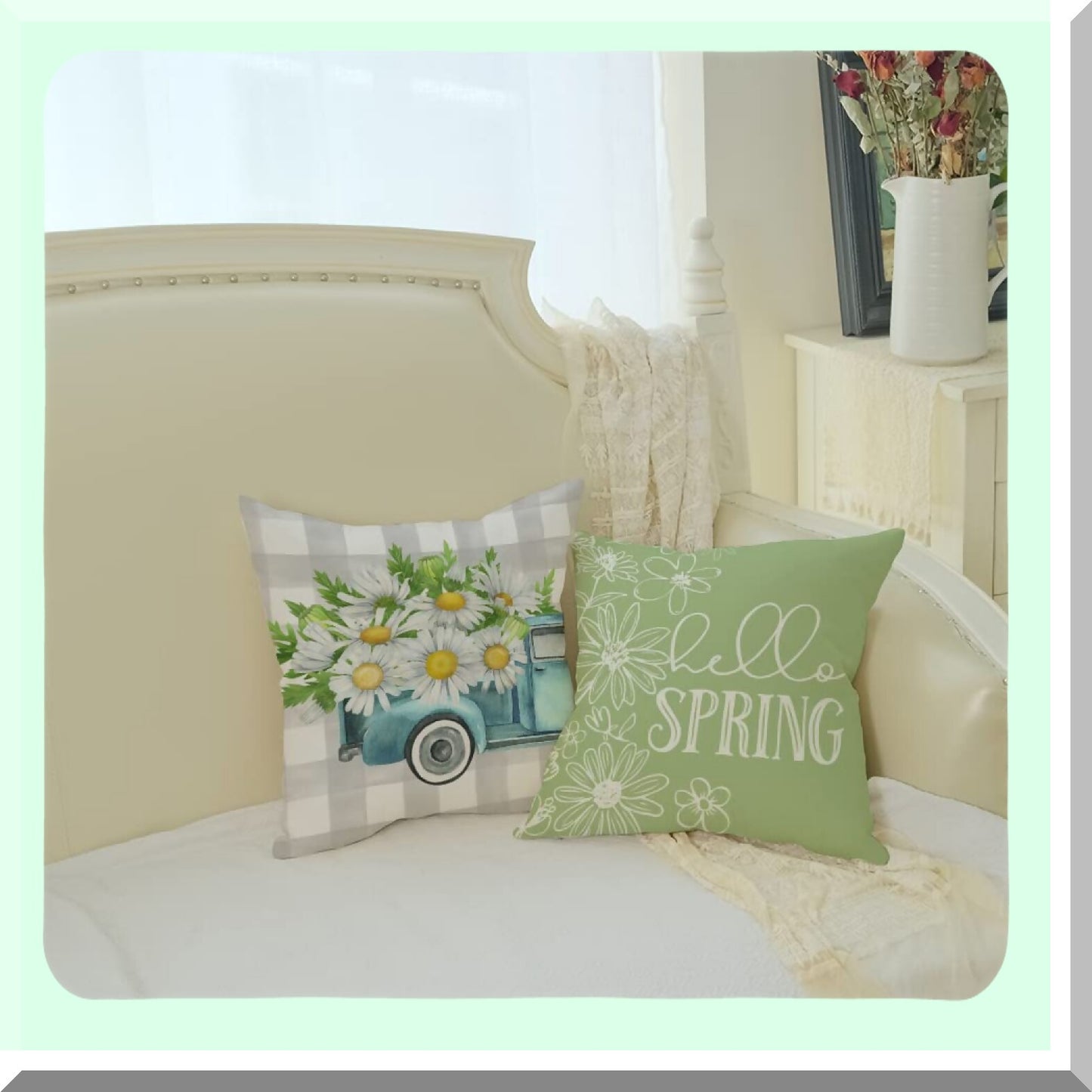Spring Blooms Buffalo Plaid Pillow Covers Set - 18x18 Decorative Throw Pillows for Couch Sofa, Hello Sunshine Farmhouse Decor in Light Green