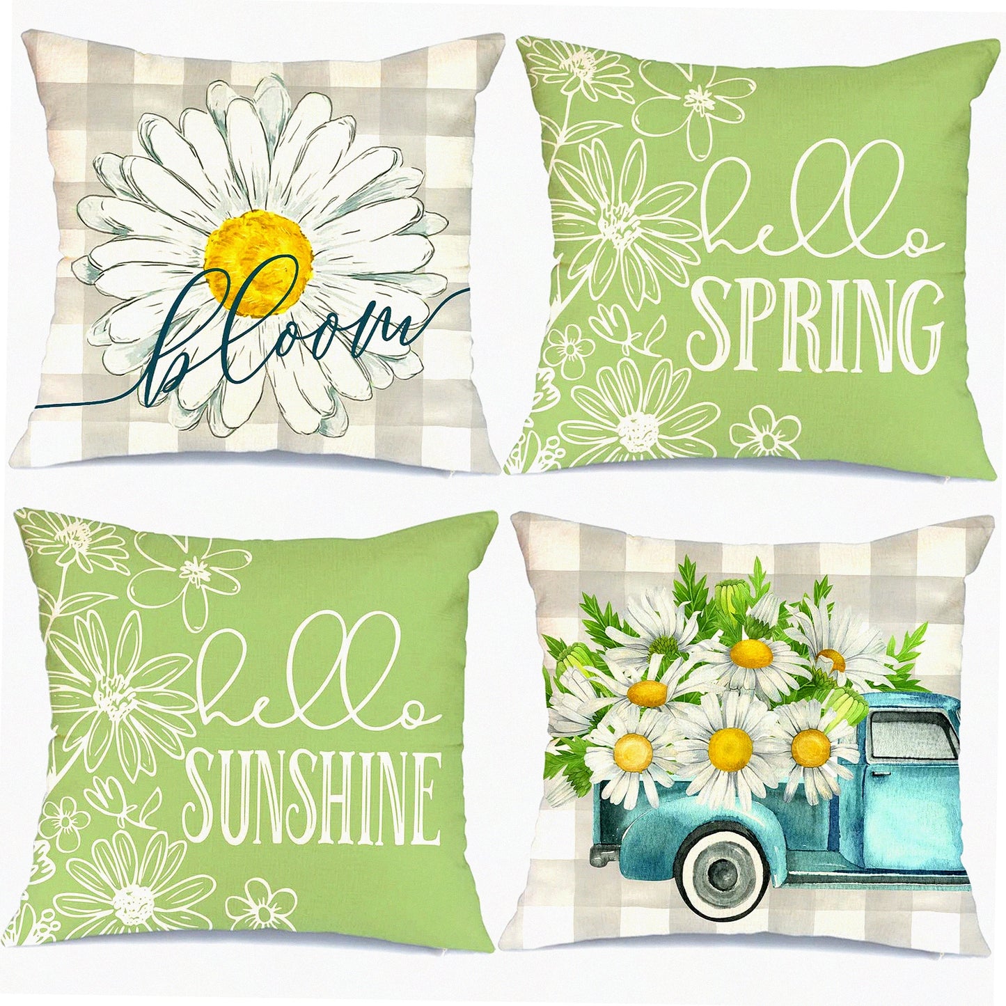 Spring Blooms Buffalo Plaid Pillow Covers Set - 18x18 Decorative Throw Pillows for Couch Sofa, Hello Sunshine Farmhouse Decor in Light Green