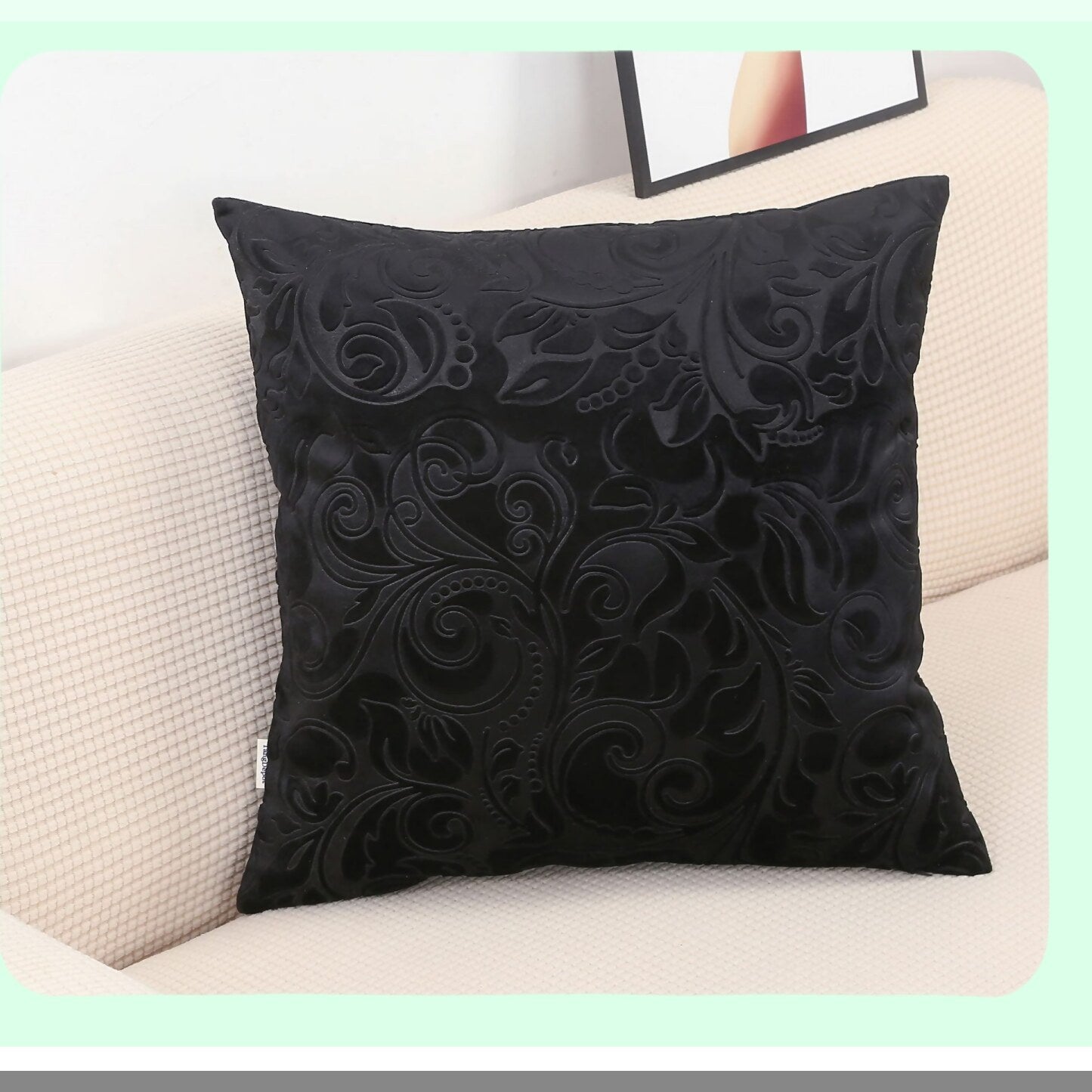 Luxury Velvet Floral Embossed Pillow Cover - Indoor/Outdoor Decorative Cushion Shell (20" x 20") - Black Anaglyph Design - Heavyweight Fabric