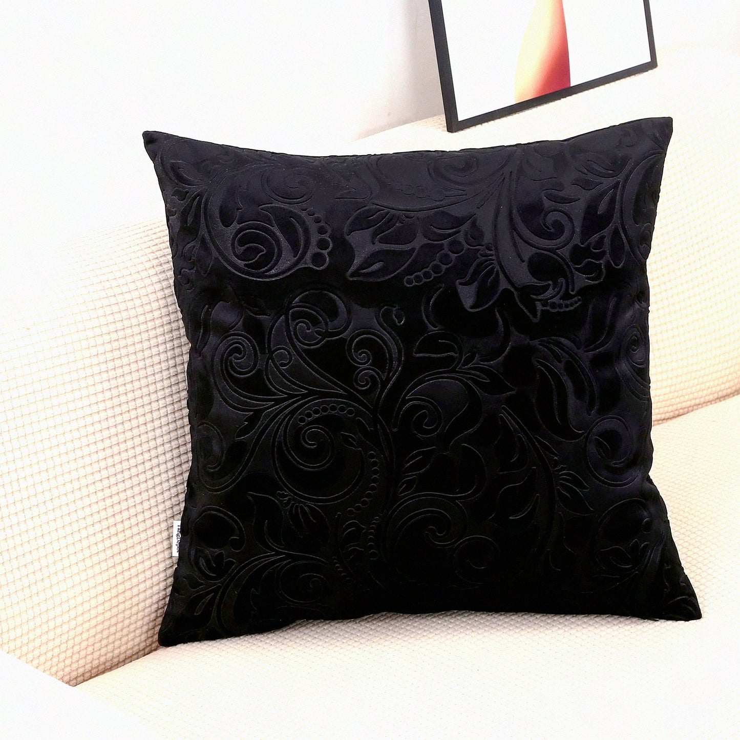 Luxury Velvet Floral Embossed Pillow Cover - Indoor/Outdoor Decorative Cushion Shell (20" x 20") - Black Anaglyph Design - Heavyweight Fabric
