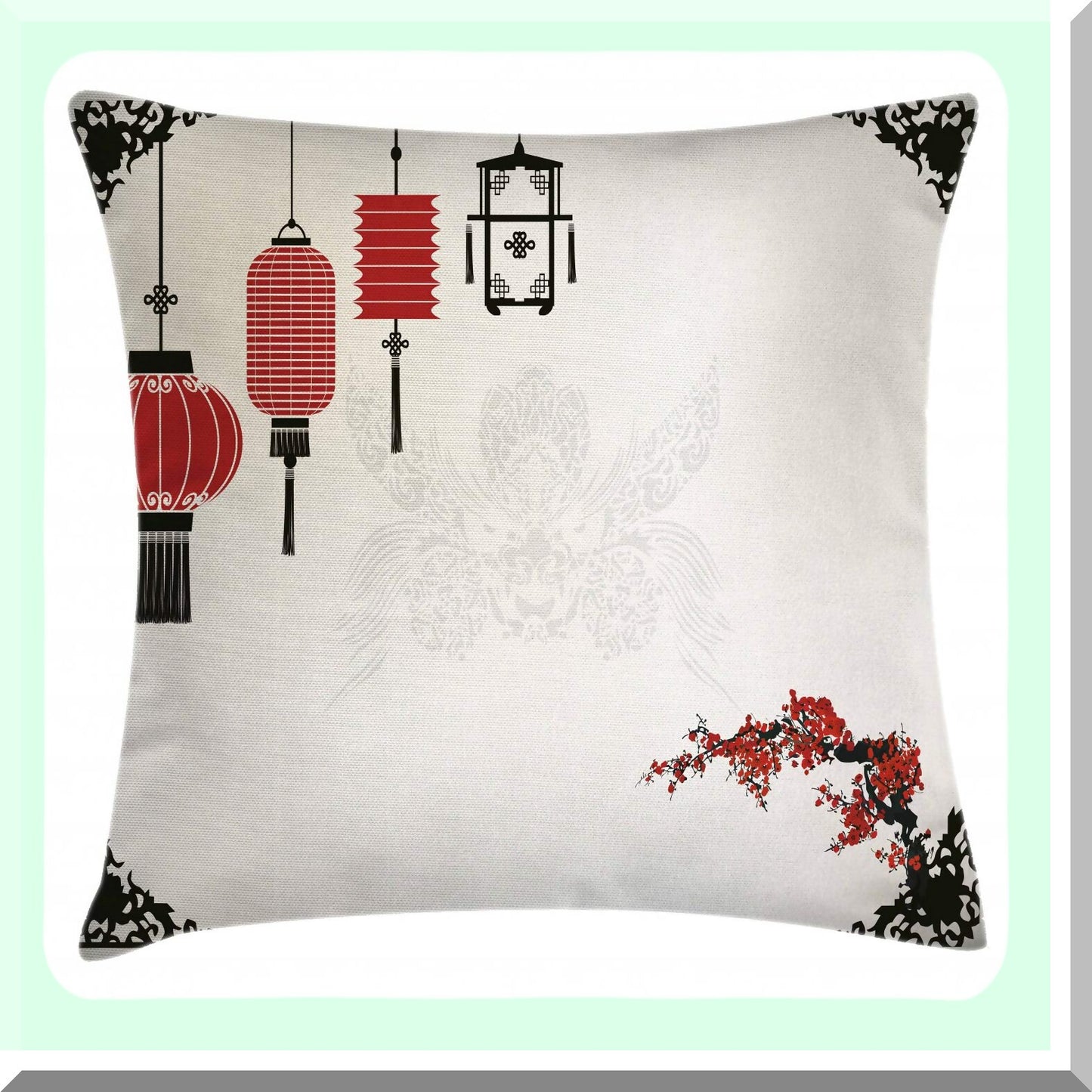 Chinese New Year Oriental Accent Pillow - Minimalist Pattern Print Cushion Cover - Decorative Square Case - 24" X 24" White Black Red Theme
