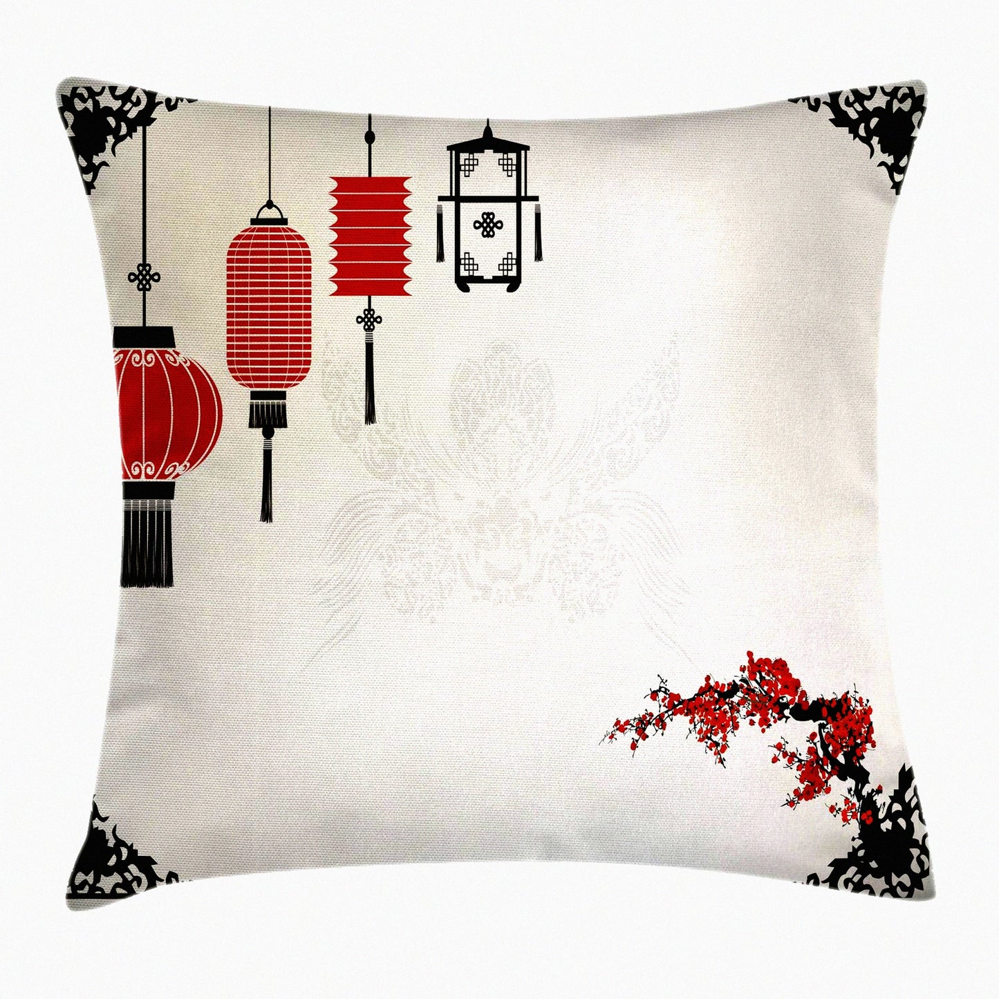 Chinese New Year Oriental Accent Pillow - Minimalist Pattern Print Cushion Cover - Decorative Square Case - 24" X 24" White Black Red Theme