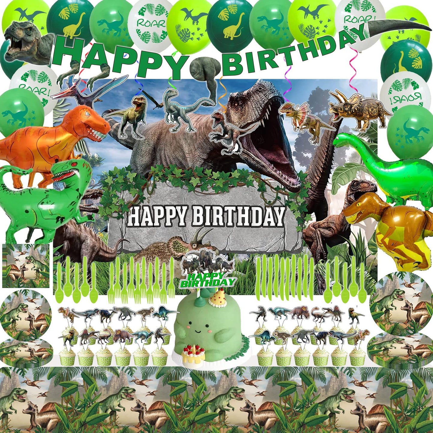 Dino Bash Party Pack - Backdrop, Tablecloth, Banners, Cake Decor, Cupcake Toppers, Balloons, Swirls, Tableware, Aluminum Balloon - Everything for a Roaring Good Time!
