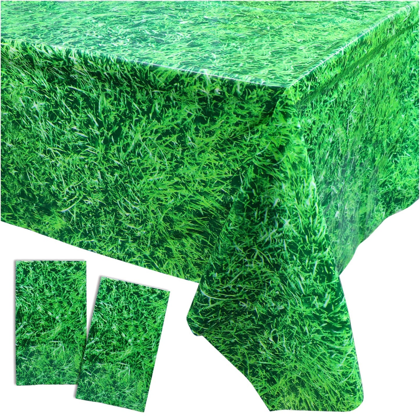 Jungle Safari Field Print Tablecloth Set - 2 Pack of Green Grass Table Covers for Soccer Sports Themed Birthday Party Supplies, 54 x 108 Rectangle Tables