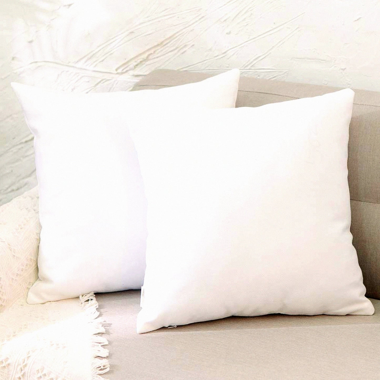 Square Zippered Pillowcase Set - White Decorative Throw Cushion Cover for Sofa Bed Car - 20x20 Inch - Smooth Hidden Zipper - 2 Piece