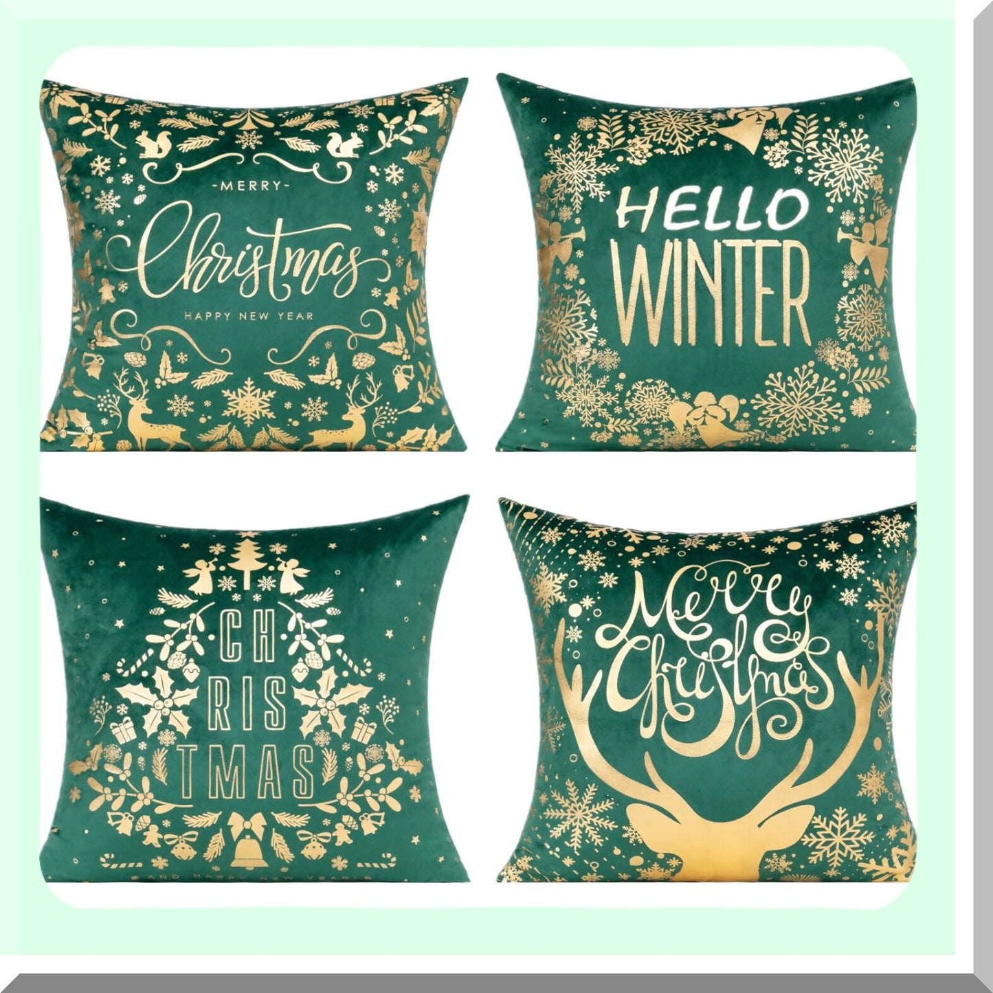 Winter Wonderland Velvet Pillow Covers - Set of 4 18X18 - Christmas Decorations for Home - Reindeer Tree Snowflakes - Holiday Cushion Cases for Sofa Bed