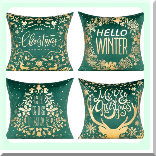 Winter Wonderland Velvet Pillow Covers - Set of 4 18X18 - Christmas Decorations for Home - Reindeer Tree Snowflakes - Holiday Cushion Cases for Sofa Bed