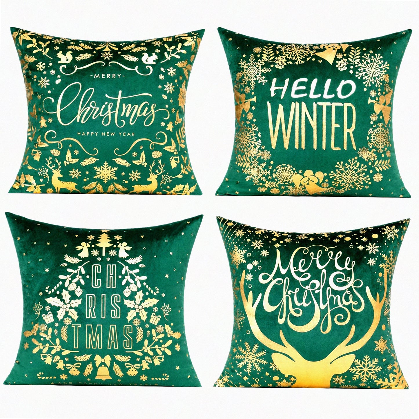 Winter Wonderland Velvet Pillow Covers - Set of 4 18X18 - Christmas Decorations for Home - Reindeer Tree Snowflakes - Holiday Cushion Cases for Sofa Bed
