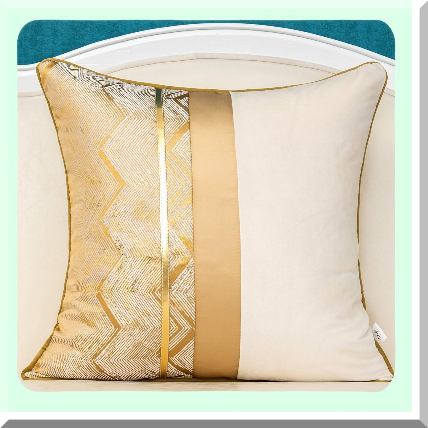 Luxury Gold Striped Velvet Cushion Cover - Modern Geometric Patchwork Lumbar Throw Pillow for Living Room, Bedroom, Car - Khaki White Theme