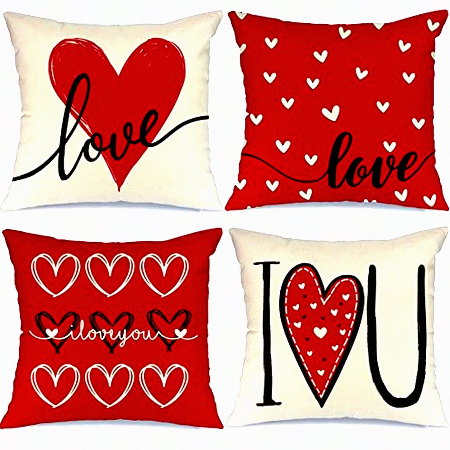 Love Heart Decor Pillow Set - 18x18 Valentines Day Throw Pillows - Sofa Couch Cushion Cases - Set of 4 Decorative Covers for Valentines Day