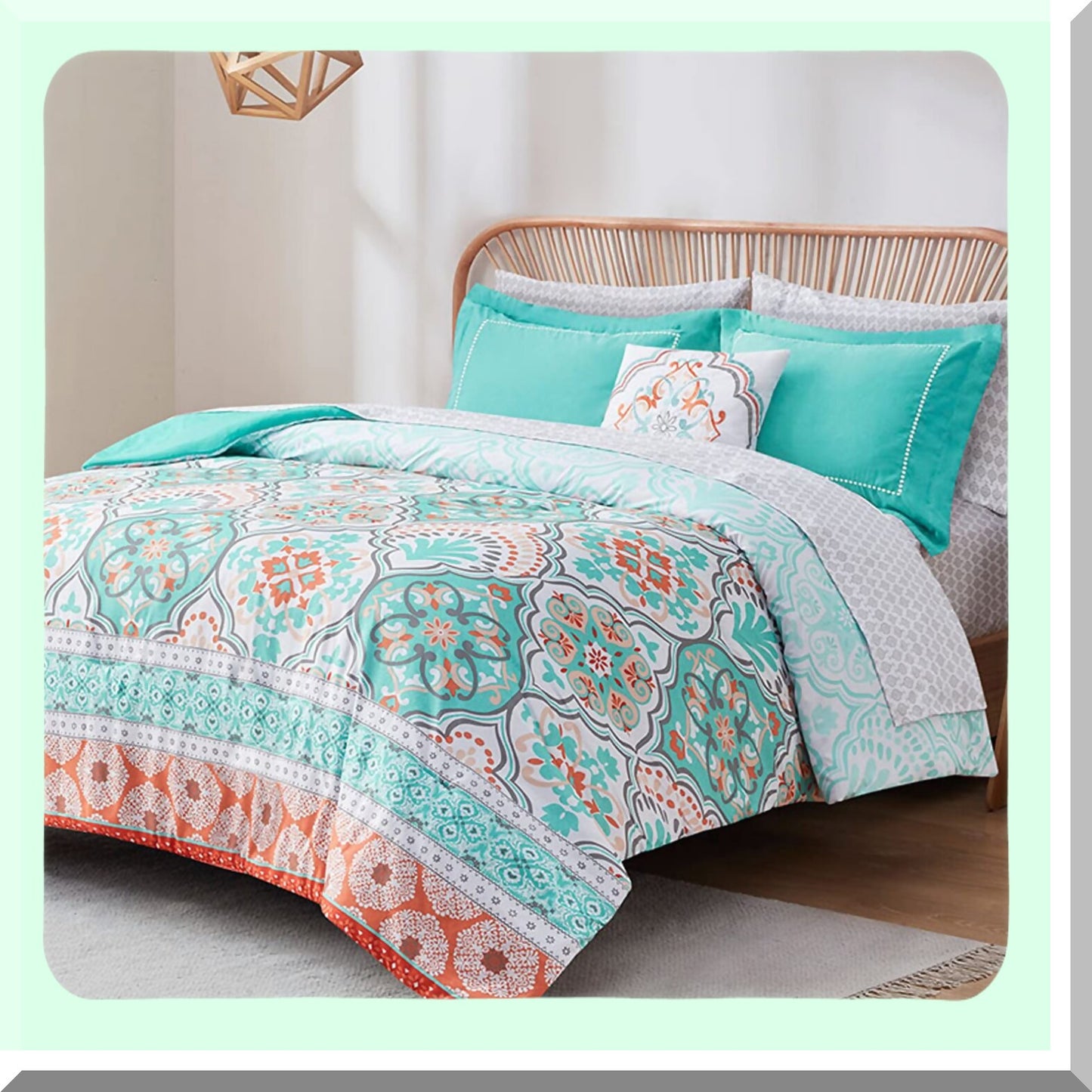 Teal Lattice Boho Queen Bedding Set - 8 Piece Comforter & Sheet Bundle for Teen Girls - Aqua Microfiber with Side Pockets & Decor Pillow