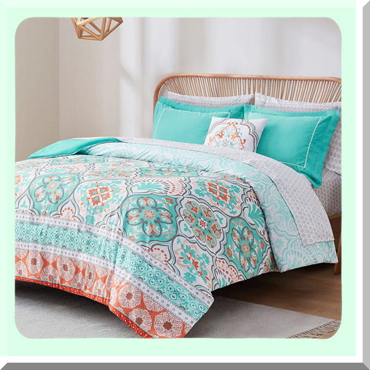 Teal Lattice Boho Queen Bedding Set - 8 Piece Comforter & Sheet Bundle for Teen Girls - Aqua Microfiber with Side Pockets & Decor Pillow