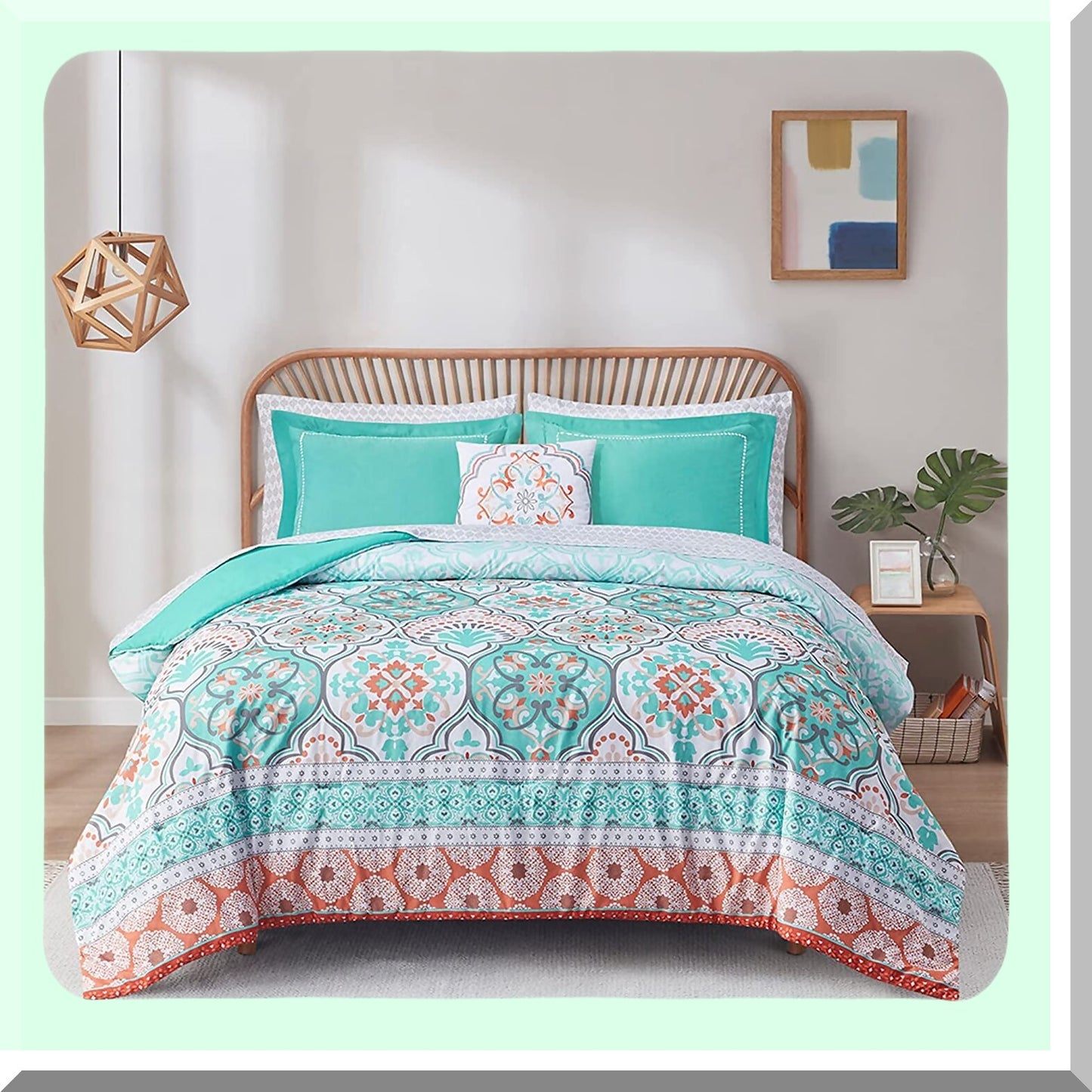 Teal Lattice Boho Queen Bedding Set - 8 Piece Comforter & Sheet Bundle for Teen Girls - Aqua Microfiber with Side Pockets & Decor Pillow
