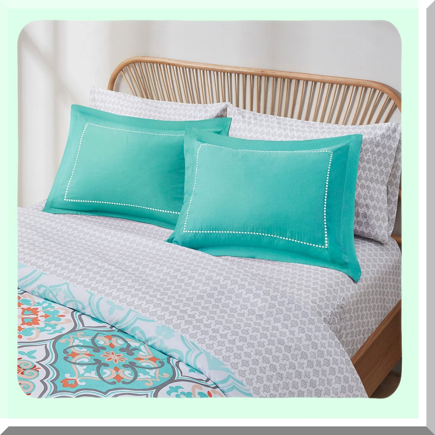 Teal Lattice Boho Queen Bedding Set - 8 Piece Comforter & Sheet Bundle for Teen Girls - Aqua Microfiber with Side Pockets & Decor Pillow