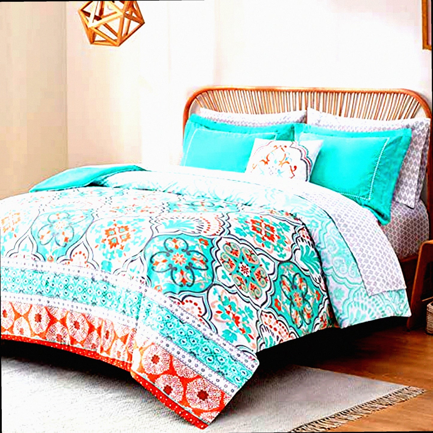 Teal Lattice Boho Queen Bedding Set - 8 Piece Comforter & Sheet Bundle for Teen Girls - Aqua Microfiber with Side Pockets & Decor Pillow