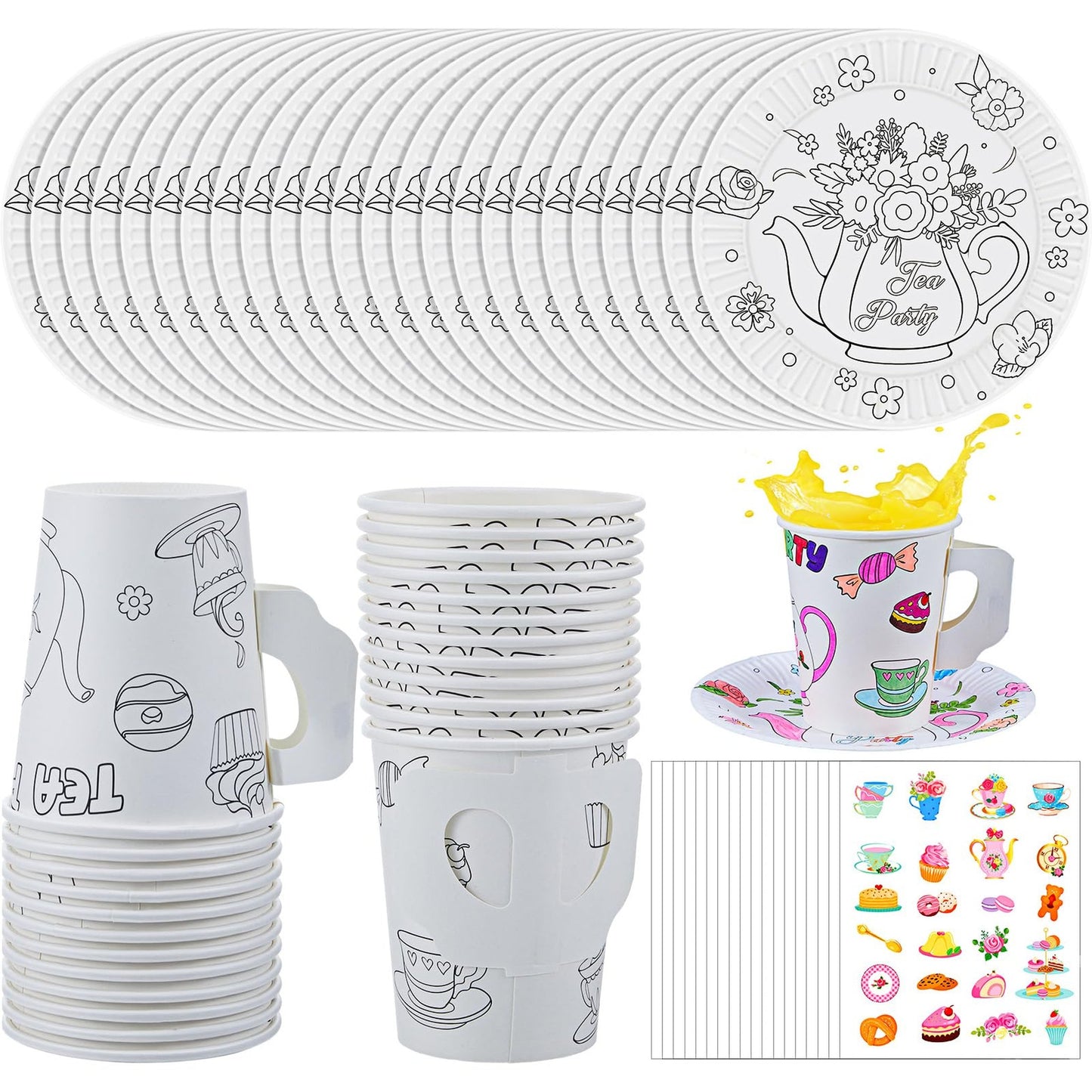 Floral Tea Party Cups & Plates Set - DIY Coloring Cups with Handle, Disposable & Sticker Decorations for Kids Tea Party Activities & Games