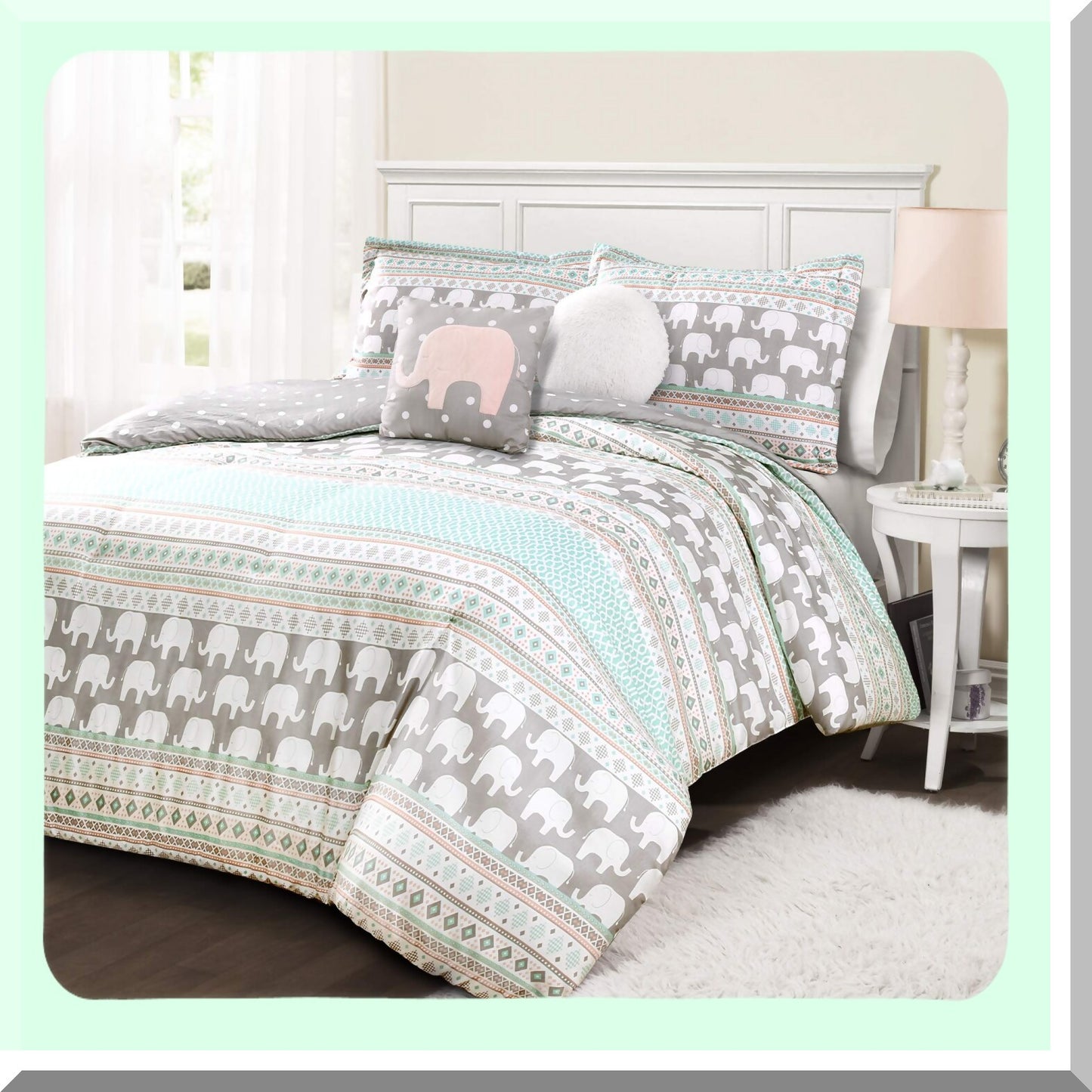 Elephant Dreams Reversible Comforter Set - Pink Turquoise Striped Bedding Twin - 4-Piece Cozy Bed Set - Kids Bedroom Decor - Soft Microfiber Fabric